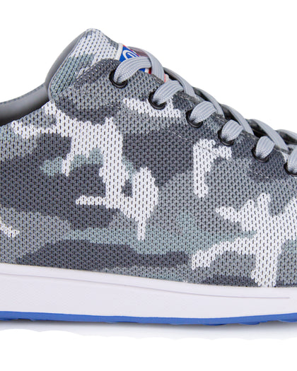 Men's Field V2 Shoe in Camo Carbon, close-up side detail view featuring the gray camo knit upper, gray laces, and white midsole with blue outsole