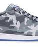 Men's Field V2 Shoe in Camo Carbon, close-up side detail view featuring the gray camo knit upper, gray laces, and white midsole with blue outsole