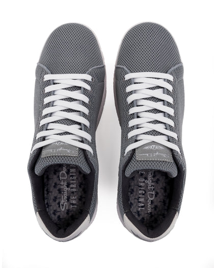 Men's Field V2 Shoe in Carbon, top-down view of both shoes featuring the gray mesh knit upper, white laces, and branded Straight Down insole