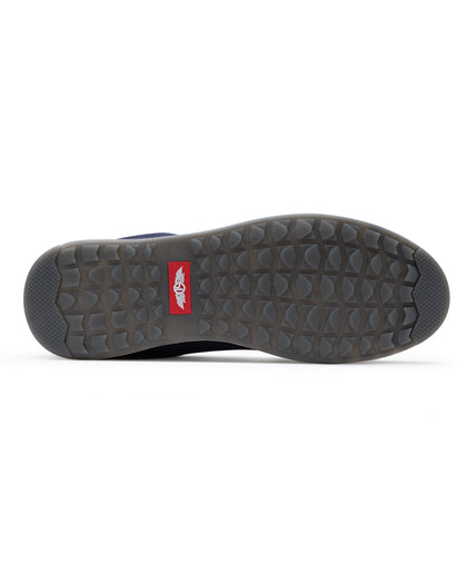Men's Field V2 Shoe in Indigo, bottom view featuring a gray traction outsole with a red SD logo label
