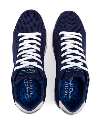 Men's Field V2 Shoe in Indigo, top-down view of both shoes featuring the navy mesh knit upper, white laces, and branded Straight Down insole
