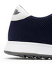 Men's Field V2 Shoe in Indigo, close-up heel detail view featuring the navy mesh knit upper, white heel tab with SD wing logo, and white midsole