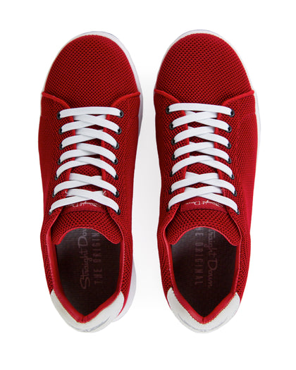 Men's Field V2 Shoe in Red, top down view featuring a red breathable mesh upper with white laces and a branded insole