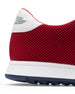 Men's Field V2 Shoe in Red, close-up heel view featuring a red breathable mesh upper with a white leather heel collar and embossed wing logo detail