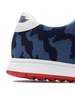 Men's Field V2 Shoe in Camo Indigo, close-up heel view featuring a navy and blue camo print breathable mesh upper with a white leather heel collar and embossed wing logo detail
