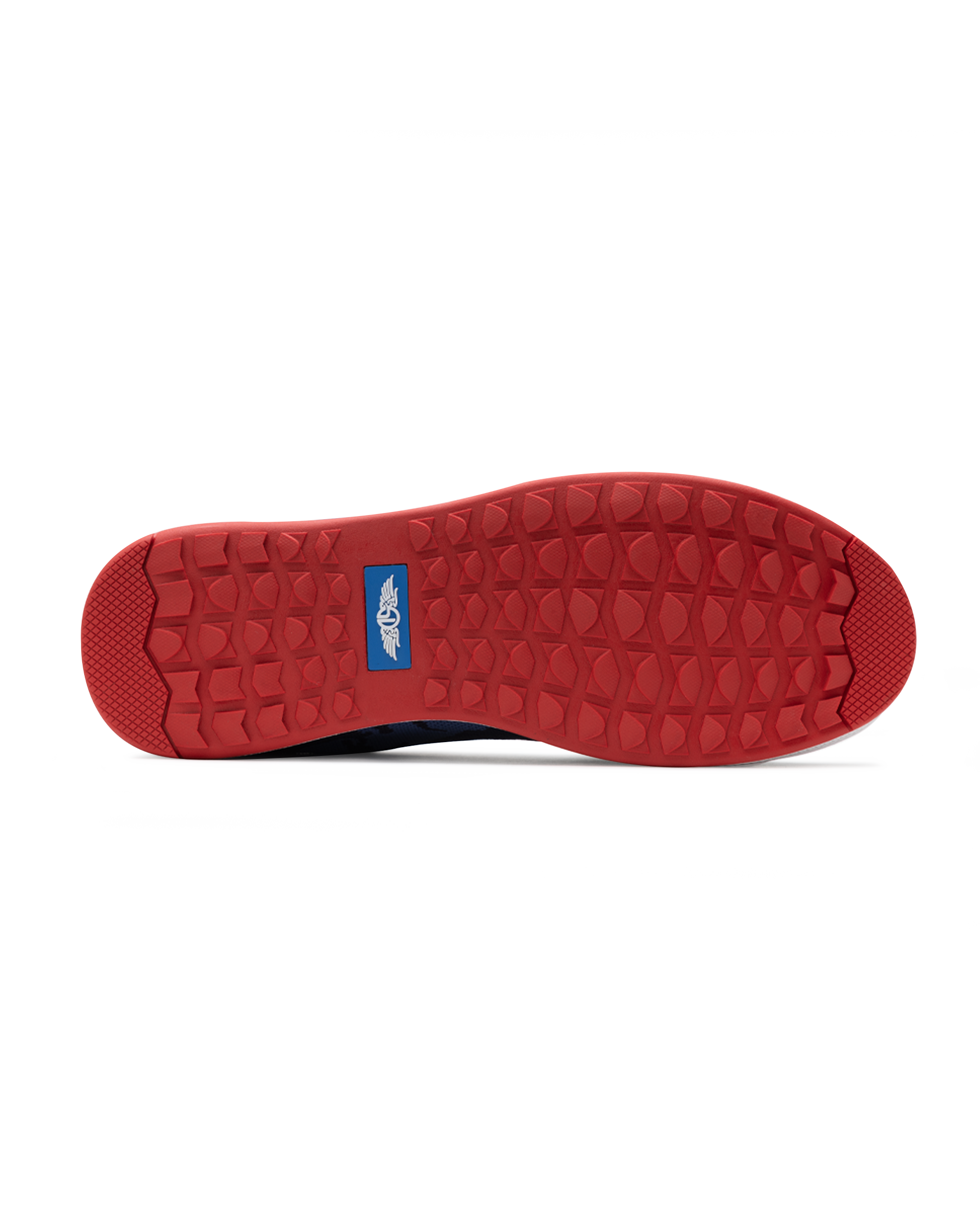 Men's Field V2 Shoe in Camo Indigo, bottom sole view featuring a red rubber outsole with multi-directional traction lugs and a blue branded logo badge