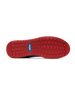 Men's Field V2 Shoe in Camo Indigo, bottom sole view featuring a red rubber outsole with multi-directional traction lugs and a blue branded logo badge