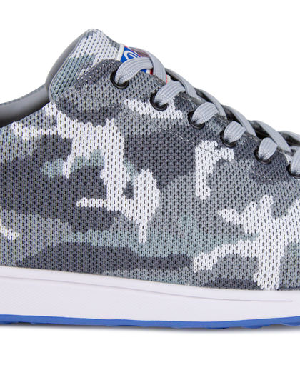Men's Field V2 Shoe in Camo Carbon, close-up side detail view featuring the gray camo knit upper, gray laces, and white midsole with blue outsole