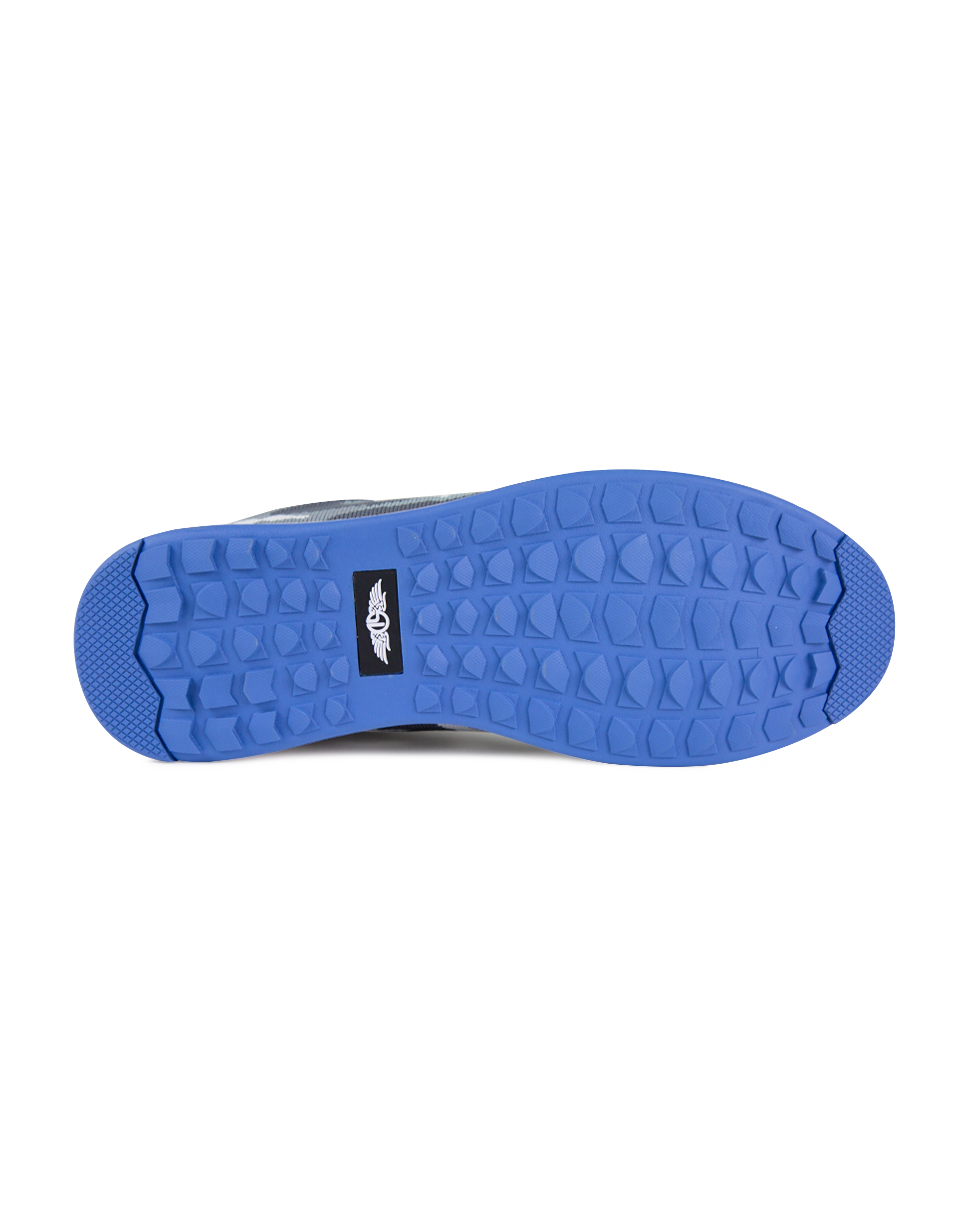 Men's Field V2 Shoe in Camo Carbon, bottom view featuring a blue traction outsole with a black SD logo label