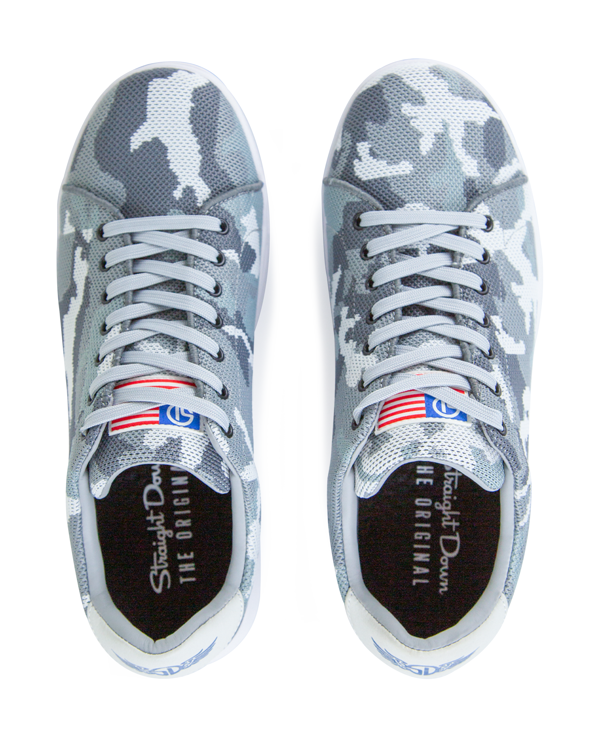 Men's Field V2 Shoe in Camo Carbon, top-down view of both shoes featuring the gray camo knit upper, gray laces, American flag tongue tab, and branded Straight Down insole