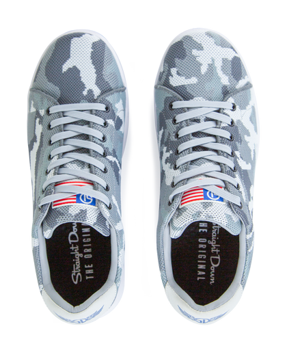 Men's Field V2 Shoe in Camo Carbon, top-down view of both shoes featuring the gray camo knit upper, gray laces, American flag tongue tab, and branded Straight Down insole