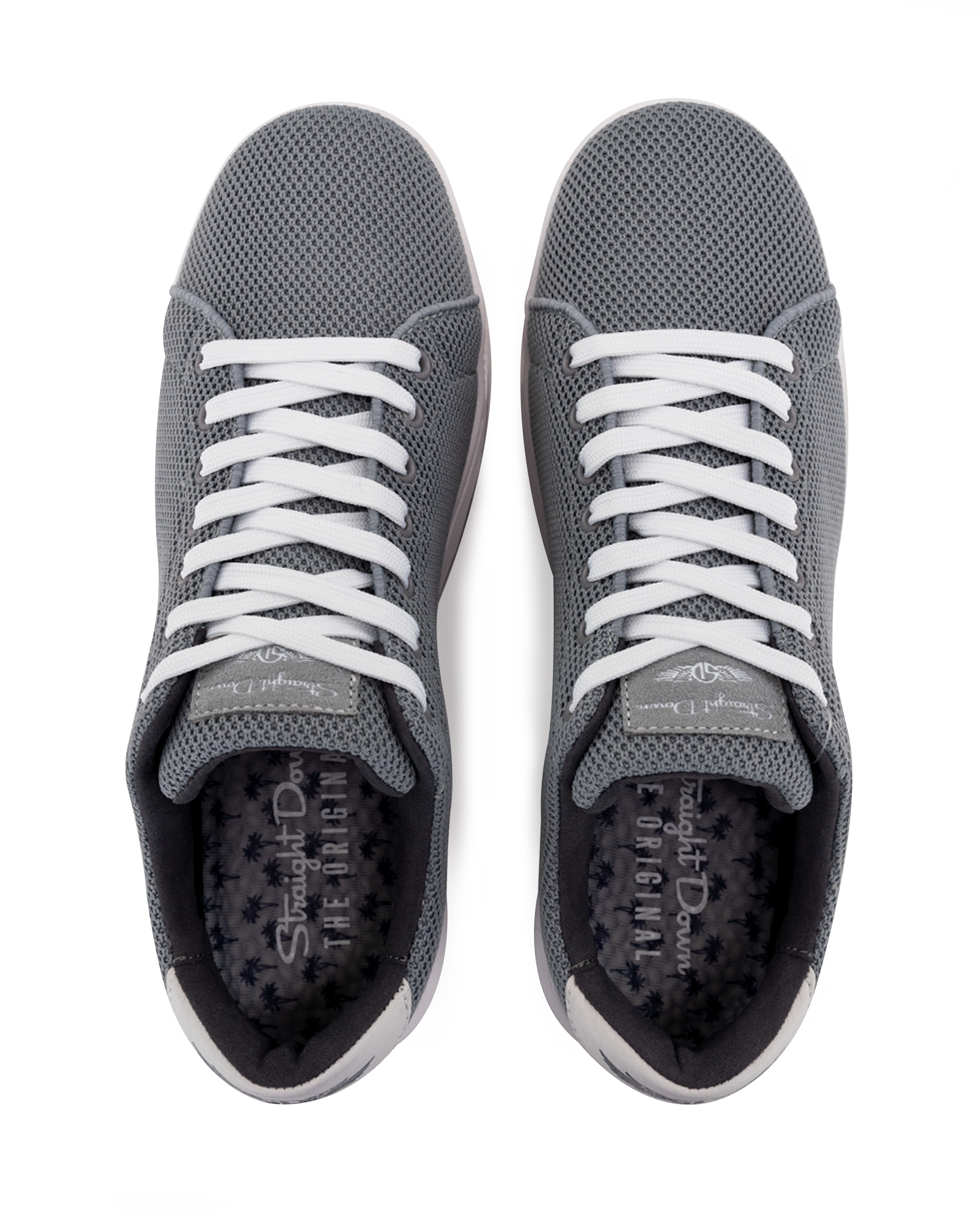 Men's Field V2 Shoe in Carbon, top-down view of both shoes featuring the gray mesh knit upper, white laces, and branded Straight Down insole