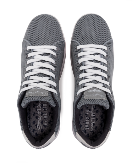 Men's Field V2 Shoe in Carbon, top-down view of both shoes featuring the gray mesh knit upper, white laces, and branded Straight Down insole