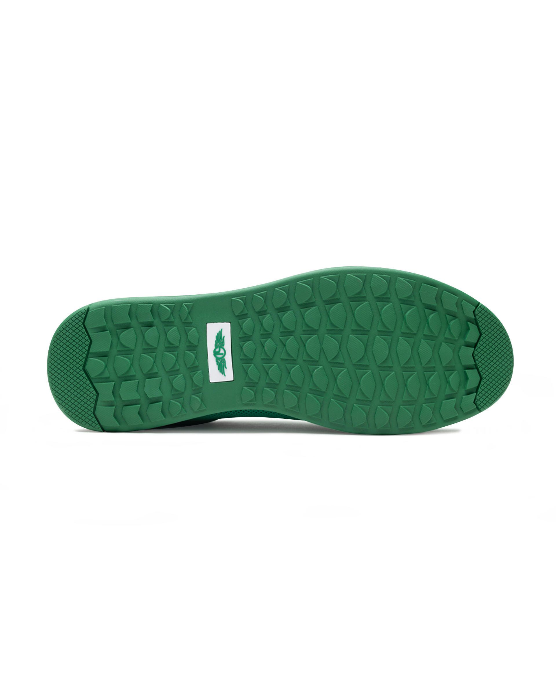 Men's Field V2 Shoe in Green, bottom sole view featuring a green rubber outsole with multi-directional traction lugs and a white branded logo badge