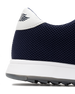 Men's Field V2 Shoe in Indigo, close-up heel detail view featuring the navy mesh knit upper, white heel tab with SD wing logo, and white midsole