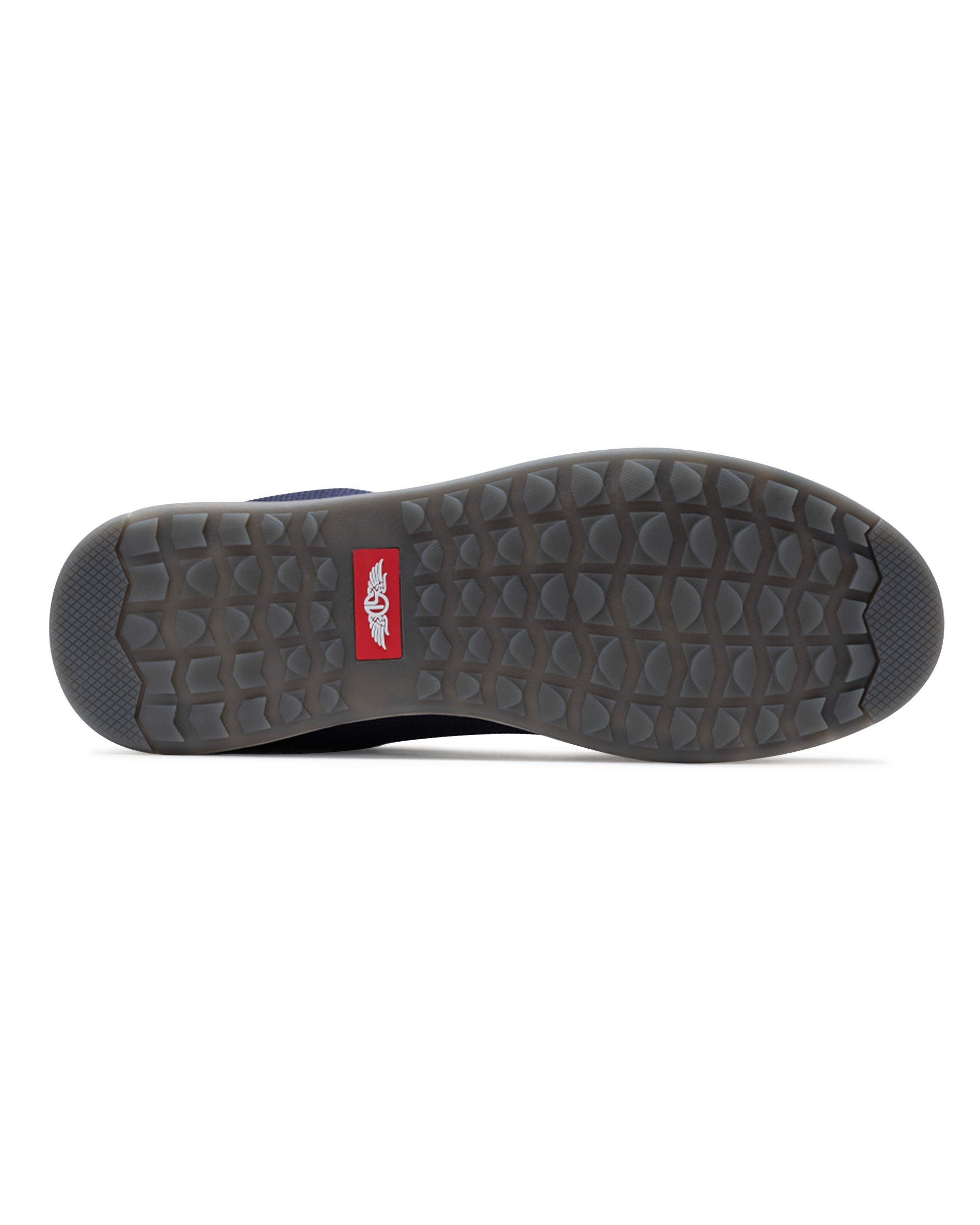 Men's Field V2 Shoe in Indigo, bottom view featuring a gray traction outsole with a red SD logo label