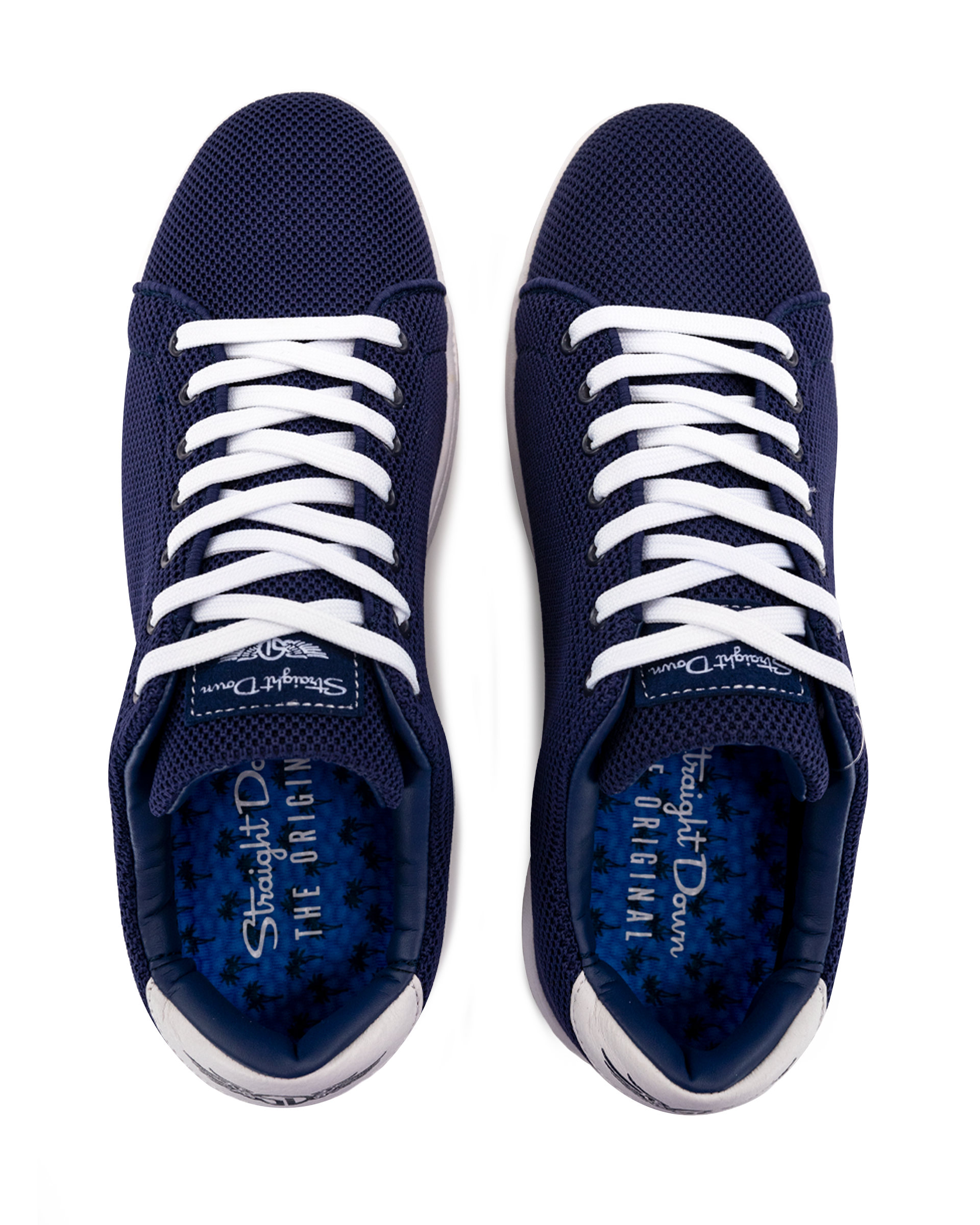 Men's Field V2 Shoe in Indigo, top-down view of both shoes featuring the navy mesh knit upper, white laces, and branded Straight Down insole