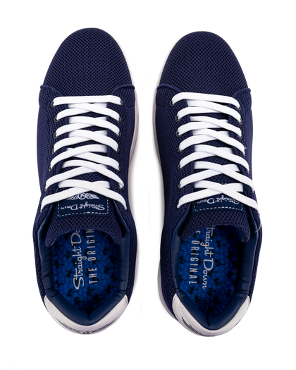 Men's Field V2 Shoe in Indigo, top-down view of both shoes featuring the navy mesh knit upper, white laces, and branded Straight Down insole