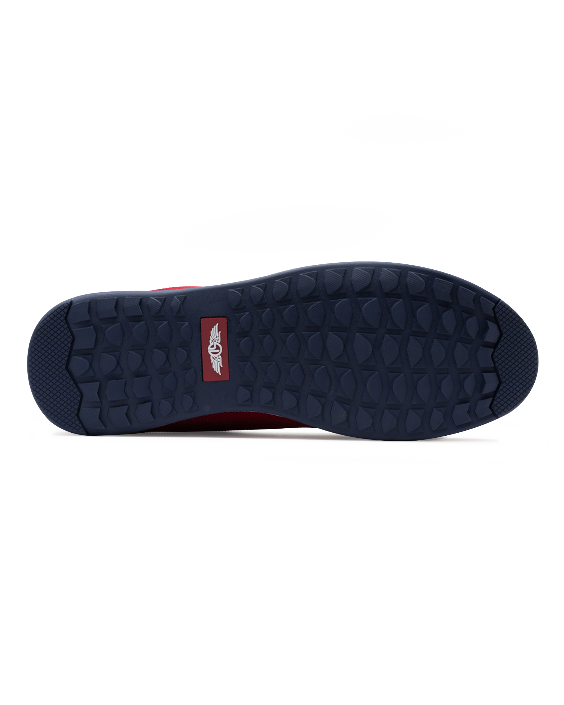 Men's Field V2 Shoe in Red, bottom sole view featuring a navy rubber outsole with multi-directional traction lugs and a branded logo badge