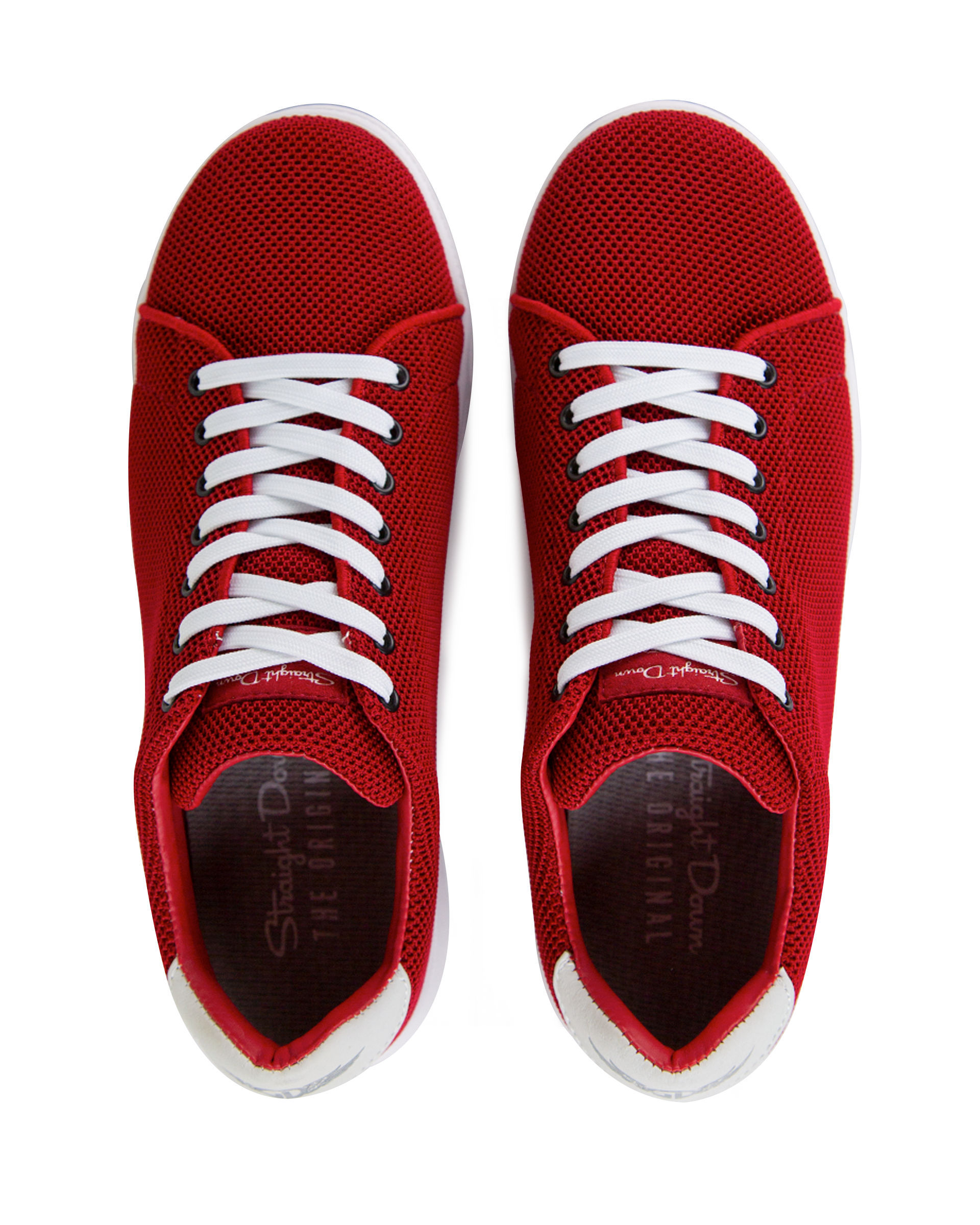 Men's Field V2 Shoe in Red, top down view featuring a red breathable mesh upper with white laces and a branded insole