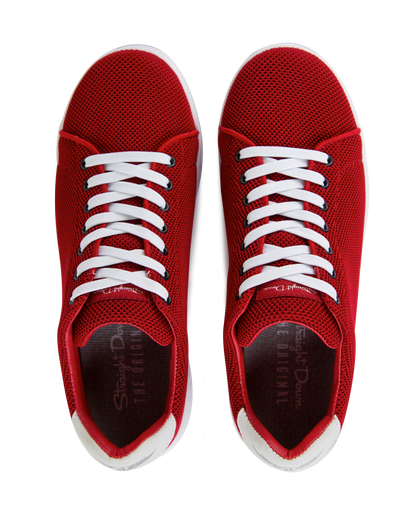 Men's Field V2 Shoe in Red, top down view featuring a red breathable mesh upper with white laces and a branded insole