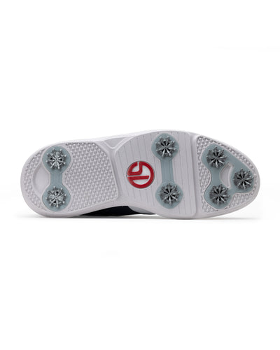 Men's Victory Classic Shoe in Red White Blue, bottom view featuring a white outsole with cleats and a red SD logo label