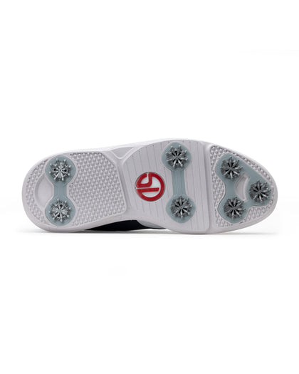 Men's Victory Classic Shoe in Red White Blue, bottom view featuring a white outsole with cleats and a red SD logo label
