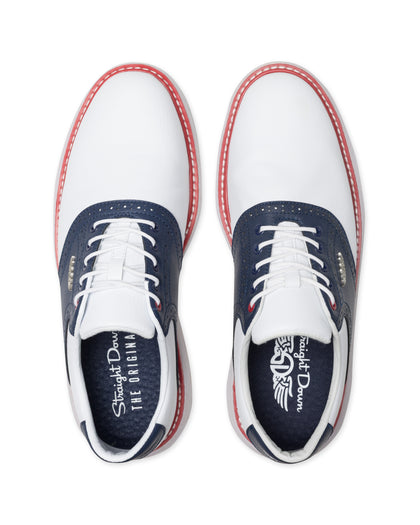 Men's Victory Classic Shoe in Red White Blue, top-down view of both shoes featuring the white leather upper with navy saddle overlay, white laces, red midsole welt, and branded Straight Down insole