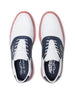 Men's Victory Classic Shoe in Red White Blue, top-down view of both shoes featuring the white leather upper with navy saddle overlay, white laces, red midsole welt, and branded Straight Down insole
