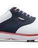 Men's Victory Classic Shoe in Red White Blue, close-up side detail view featuring the navy saddle overlay, brogue perforated detailing, red lace eyelet accent, and metal SD wing logo
