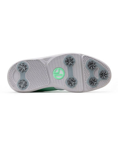 Men's Victory Classic Shoe in White Mojito, bottom view featuring a white outsole with cleats and a mint green SD logo label