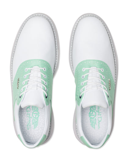 Men's Victory Classic Shoe in White Mojito, top-down view of both shoes featuring the white leather upper with mint green saddle overlay, white laces, and branded Straight Down insole