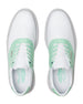 Men's Victory Classic Shoe in White Mojito, top-down view of both shoes featuring the white leather upper with mint green saddle overlay, white laces, and branded Straight Down insole