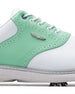 Men's Victory Classic Shoe in White Mojito, close-up side detail view featuring the mint green saddle overlay, brogue perforated detailing, and metal SD wing logo