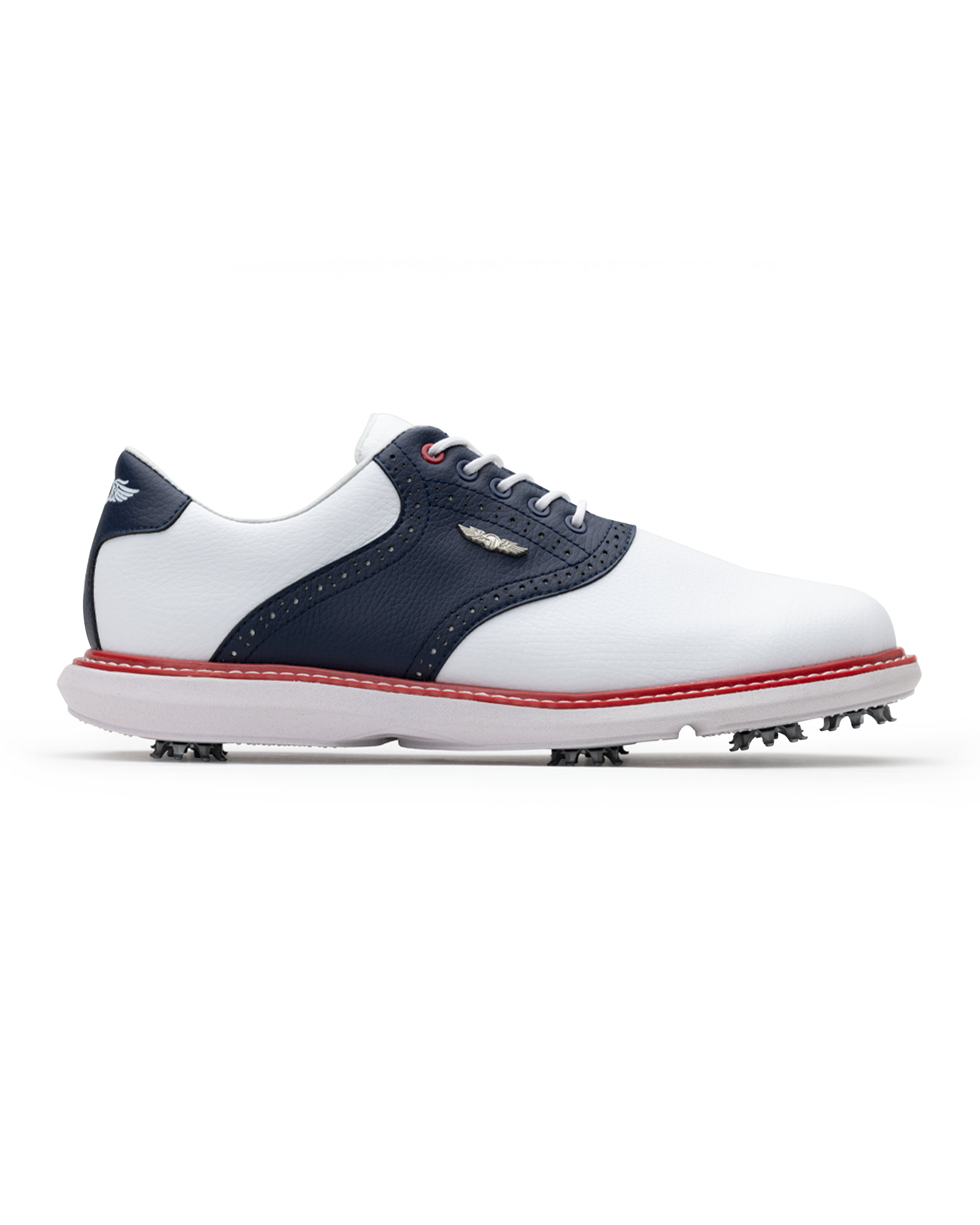 Men's Victory Classic Shoe in Red White Blue, side view featuring a white leather upper with a navy saddle overlay, brogue perforated detailing, metal SD wing logo, white laces, a red midsole welt, and a white outsole with cleats