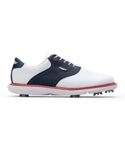 Men's Victory Classic Shoe in Red White Blue, side view featuring a white leather upper with a navy saddle overlay, brogue perforated detailing, metal SD wing logo, white laces, a red midsole welt, and a white outsole with cleats