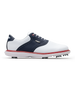 Men's Victory Classic Shoe in Red White Blue, side view featuring a white leather upper with a navy saddle overlay, brogue perforated detailing, metal SD wing logo, white laces, a red midsole welt, and a white outsole with cleats