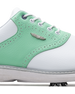 A close-up of a white and mint green golf shoe with white laces, perforated details, a silver wing logo.