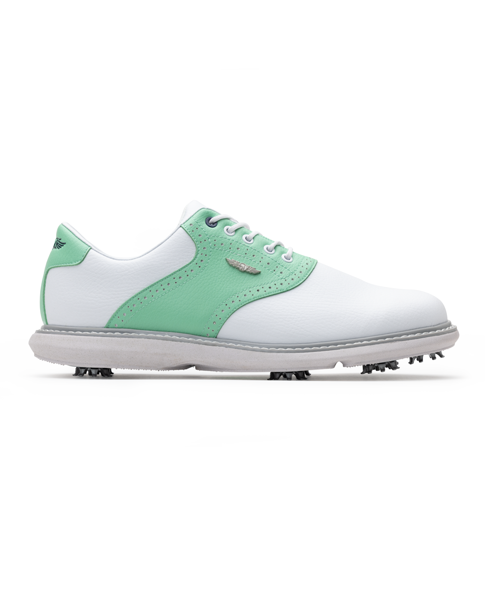 Men's Victory Classic Shoe in White Mojito, side view featuring a white leather upper with a mint green saddle overlay, brogue perforated detailing, metal SD wing logo, white laces, and a white outsole with cleats