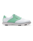 Men's Victory Classic Shoe in White Mojito, side view featuring a white leather upper with a mint green saddle overlay, brogue perforated detailing, metal SD wing logo, white laces, and a white outsole with cleats