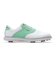 Men's Victory Classic Shoe in White Mojito, side view featuring a white leather upper with a mint green saddle overlay, brogue perforated detailing, metal SD wing logo, white laces, and a white outsole with cleats