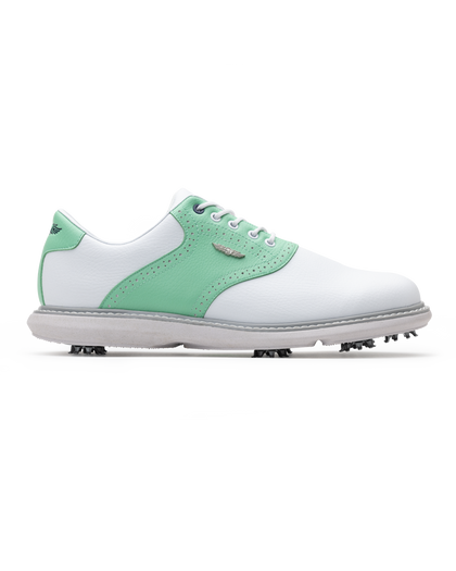 Men's Victory Classic Shoe in White Mojito, side view featuring a white leather upper with a mint green saddle overlay, brogue perforated detailing, metal SD wing logo, white laces, and a white outsole with cleats