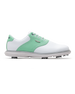 Men's Victory Classic Shoe in White Mojito, side view featuring a white leather upper with a mint green saddle overlay, brogue perforated detailing, metal SD wing logo, white laces, and a white outsole with cleats
