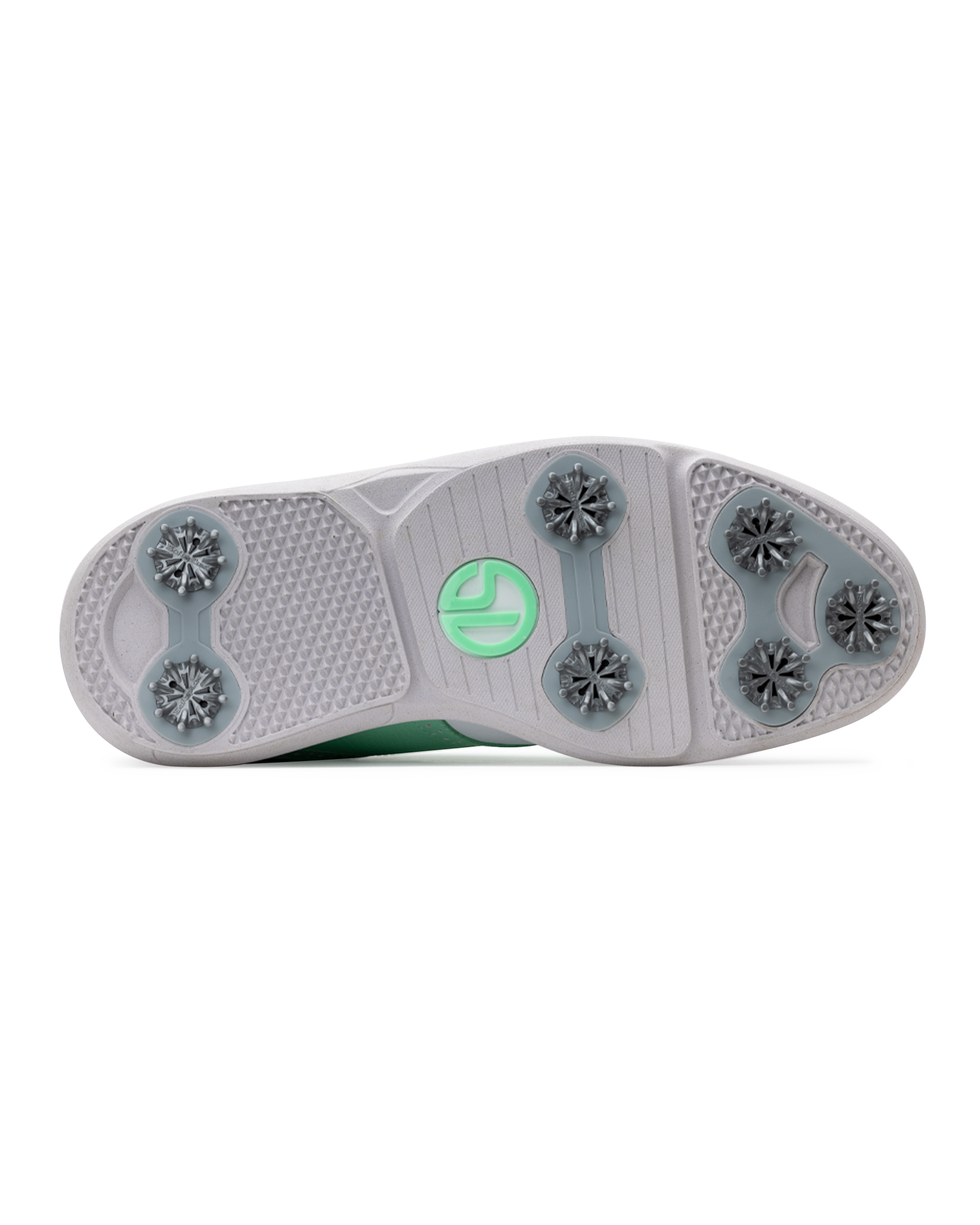 The outsole of a golf shoe, featuring a light gray and white textured rubber base with gray cleats and a bright green Straight Down logo in the center.