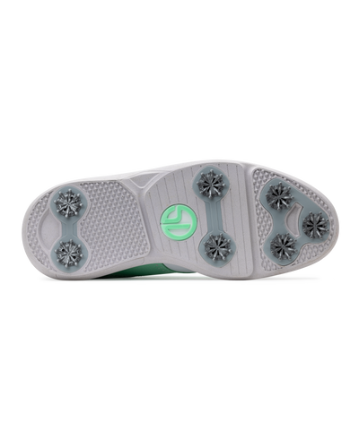 The outsole of a golf shoe, featuring a light gray and white textured rubber base with gray cleats and a bright green Straight Down logo in the center.