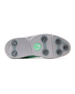 The outsole of a golf shoe, featuring a light gray and white textured rubber base with gray cleats and a bright green Straight Down logo in the center.