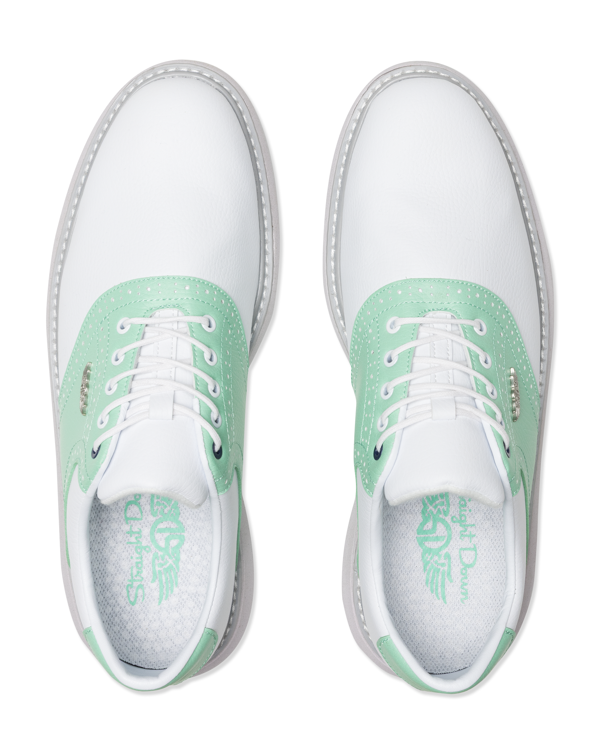 A pair of white leather golf shoes with green suede overlays and white laces, shown from a top-down view on a white background.