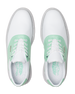 A pair of white leather golf shoes with green suede overlays and white laces, shown from a top-down view on a white background.