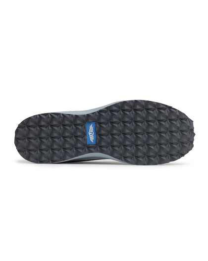 Straight Down Mojave Shoe in Camo Carbon, bottom view featuring a dark grey geometric textured outsole with Straight Down logo tab in blue