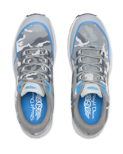 Straight Down Mojave Shoe in Camo Carbon, top view of a pair featuring grey camo knit upper with blue accents and Straight Down branded blue insole